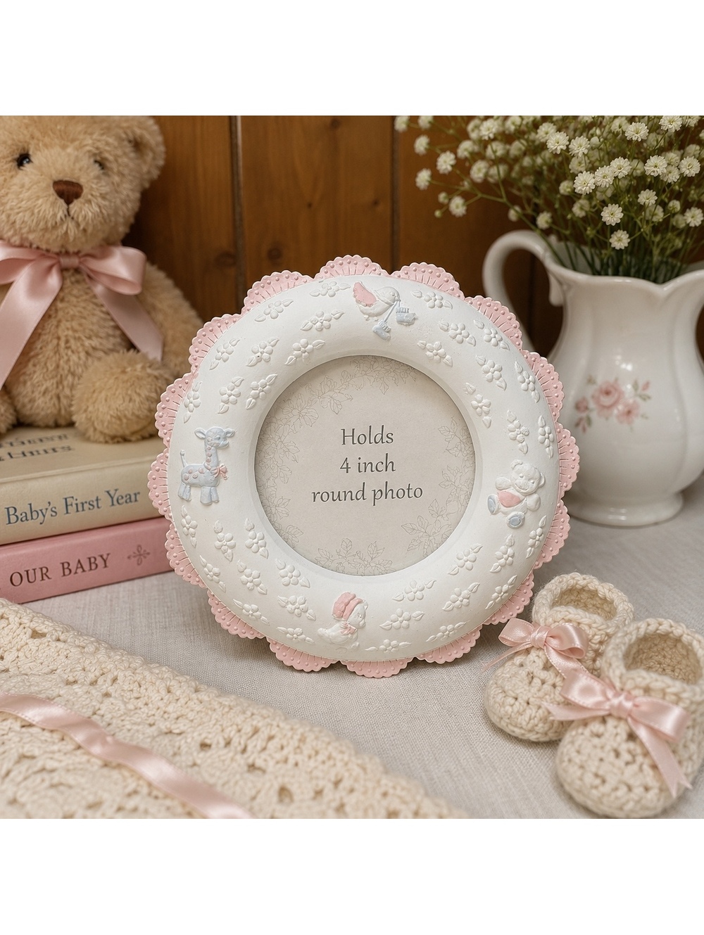 Vintage Russ Baby Photo Frame Pink Nursery 4 Inch Round Picture Frame